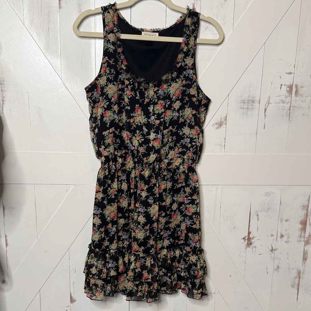 Socialite Black Floral Ruffle Tank Dress